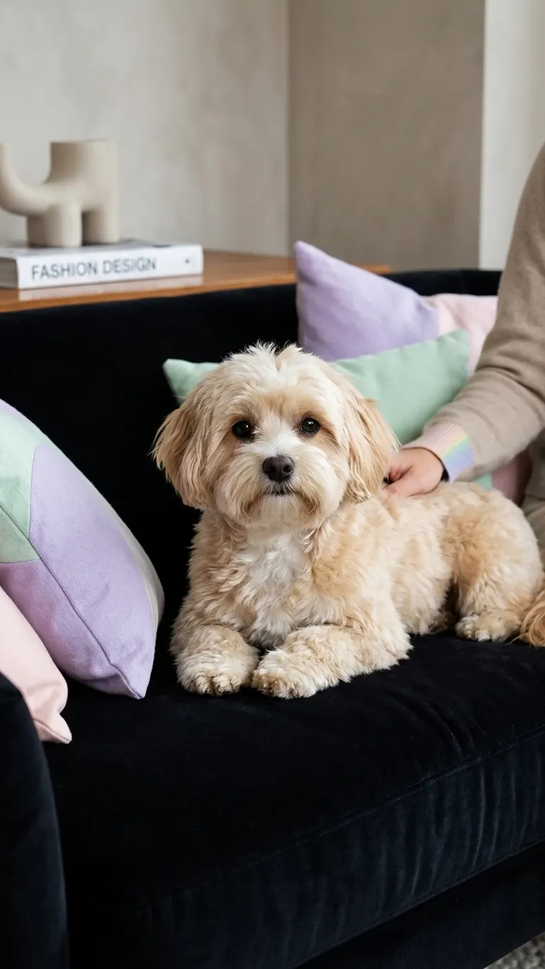 Cream Maltipoo relaxing on a sofa among soft pastel cushions