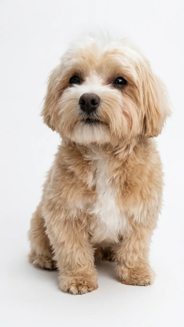 Cream Maltipoo puppy sitting and looking at the camera on a white background