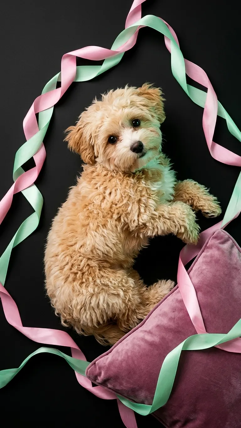 Apricot Maltipoo puppy on a black backdrop with pink and mint ribbons